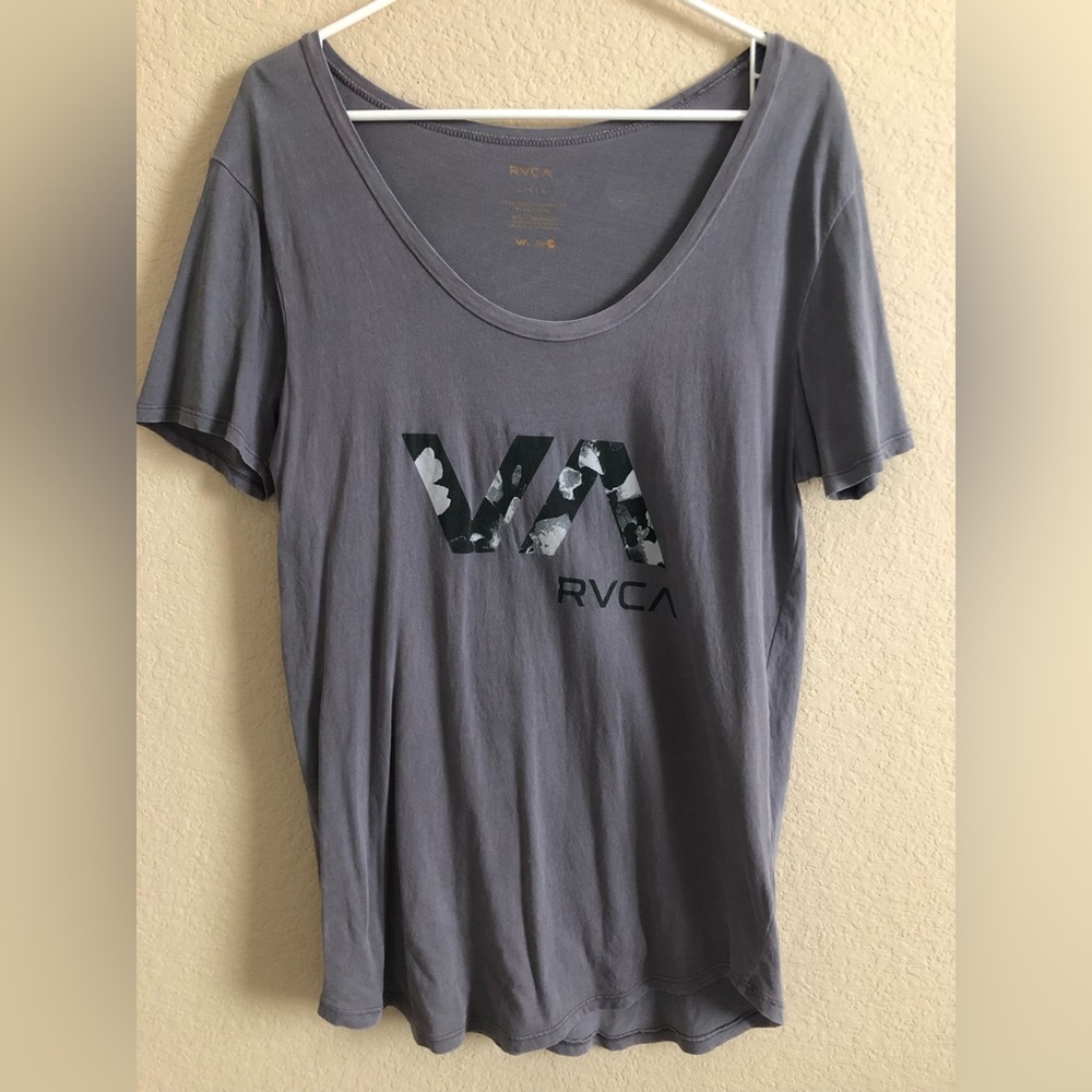 Womens RVCA Gray Floral Logo Graphic Tee Size Large